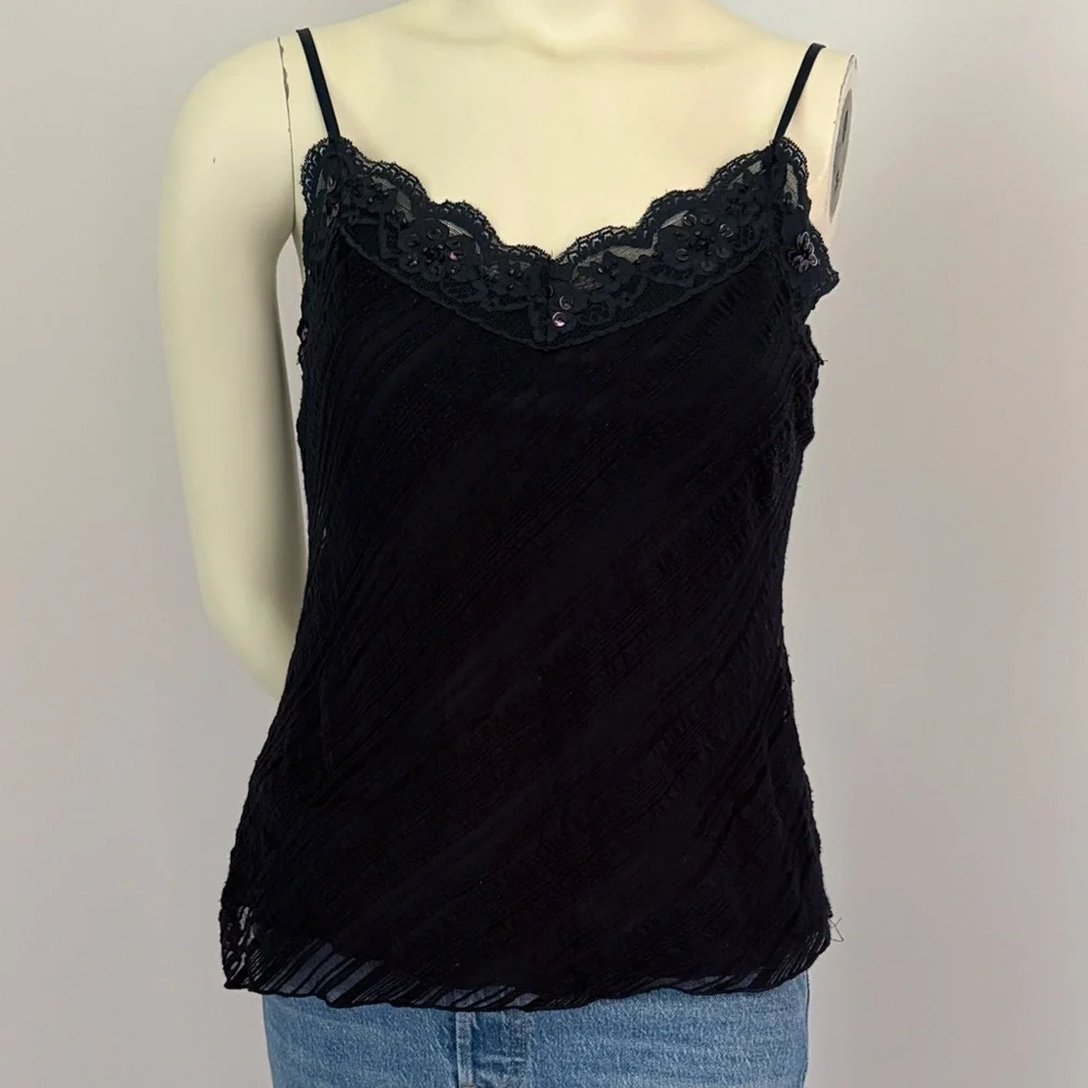 🎁 free gift with any purchase!-Dark Blue Lace-Trim Spaghetti Strap Camisole Top - Picture 1 of 4